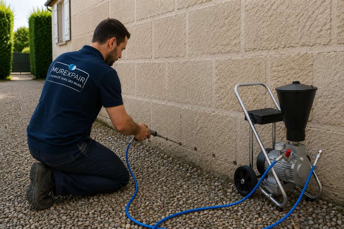 Injection de resine hydrophobe sous pression dans un mur