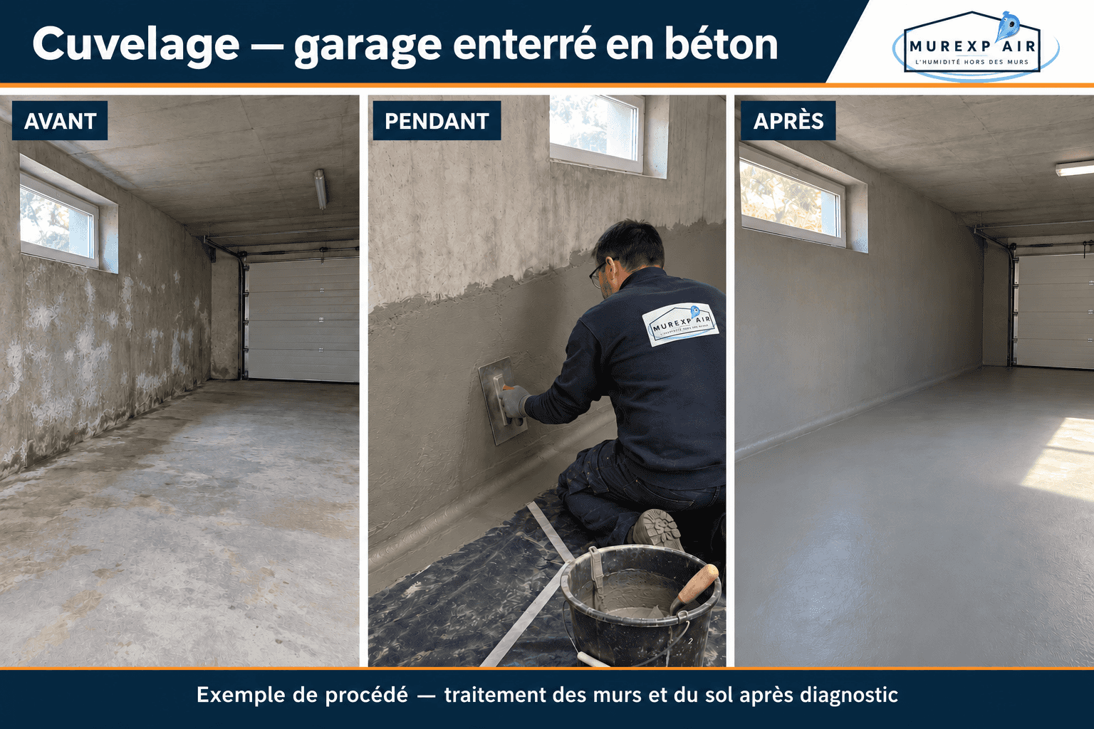 Exemple de procédé — Cuvelage d’un garage enterré en béton : avant, pendant les travaux et après
