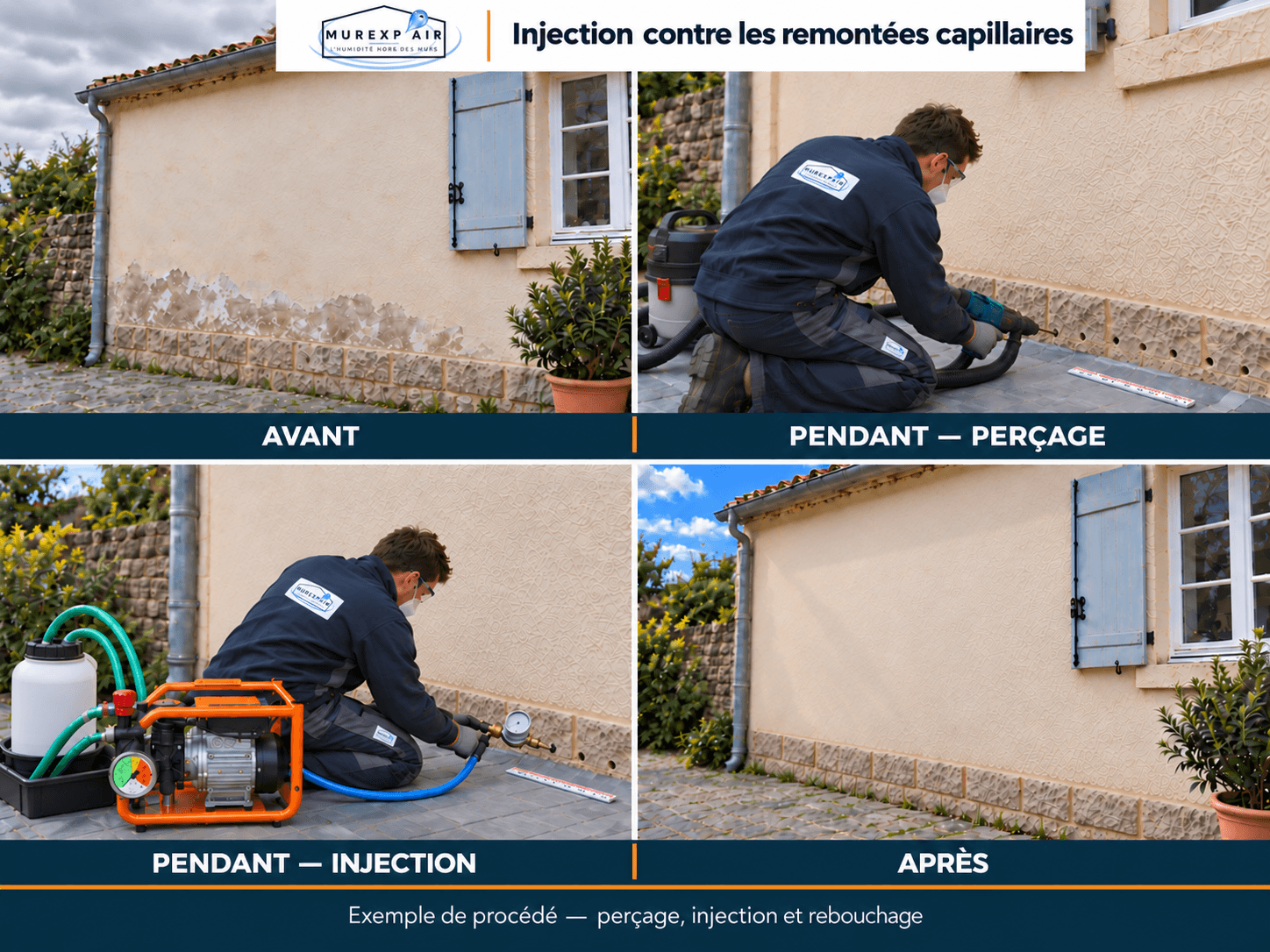Exemple de procédé — Barrière contre les remontées capillaires : avant, pendant les travaux et après