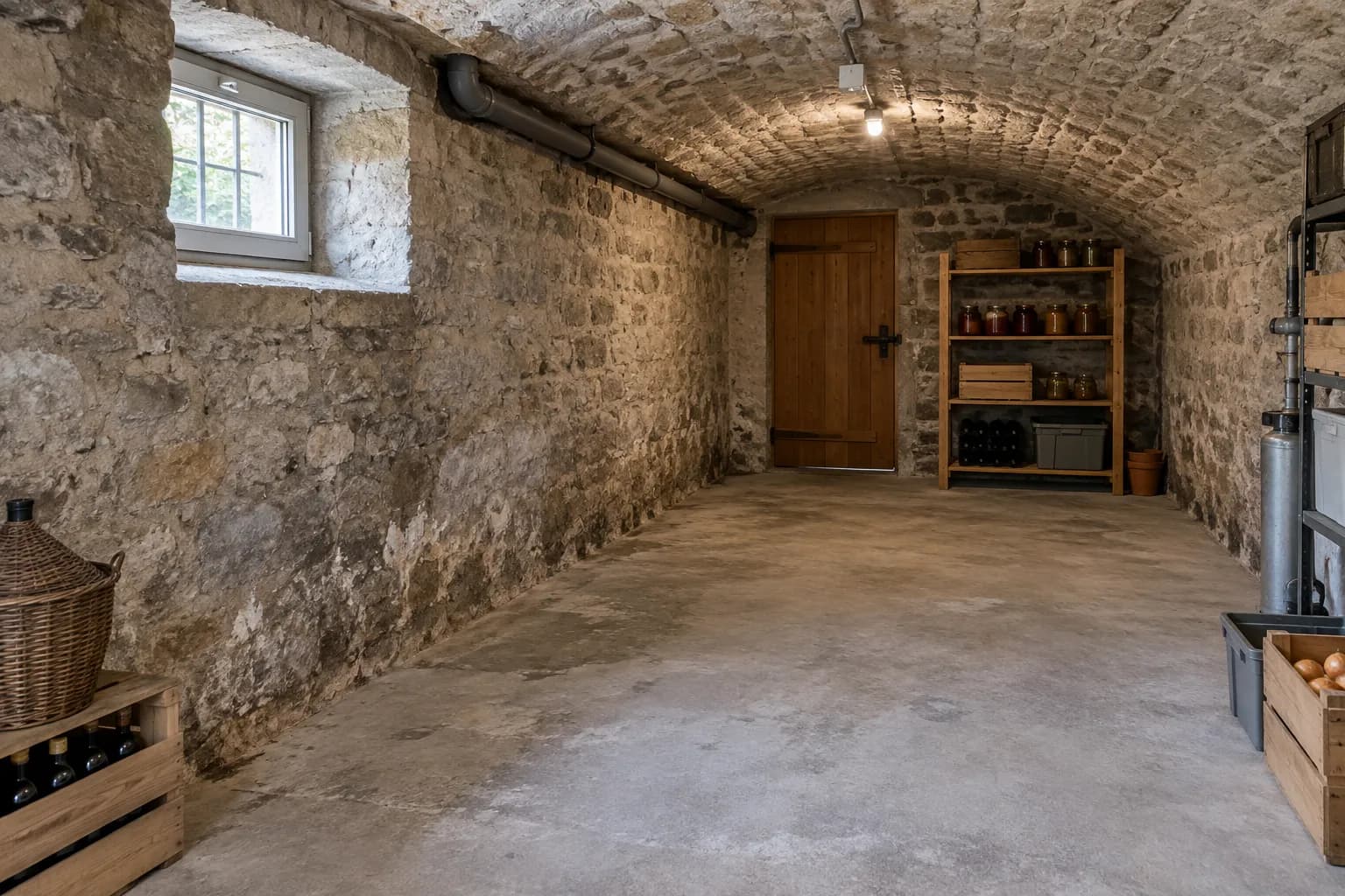 Exemple de cave voûtée en pierre avec fenêtre haute, murs périphériques et sol en béton