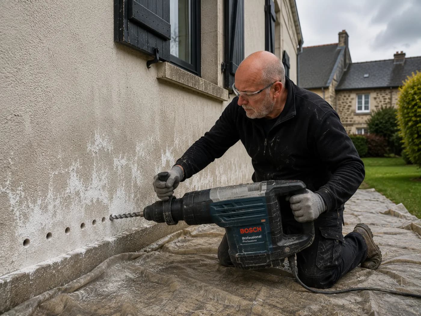 Technicien Murexpair percant une rangee de trous en pied de mur pour l'injection de resine anti-remontees capillaires